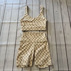 Wilo the Label Brown White Wave Print Checkered Workout‎ Set XS Activewear